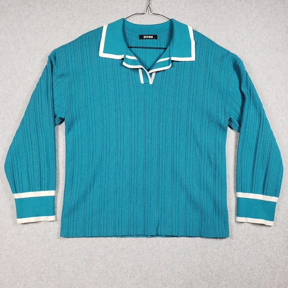 BTFBM Womens 2 Piece Lounge Set Large Teal Blue Ribbed Knit Polo & Wide Leg Pant